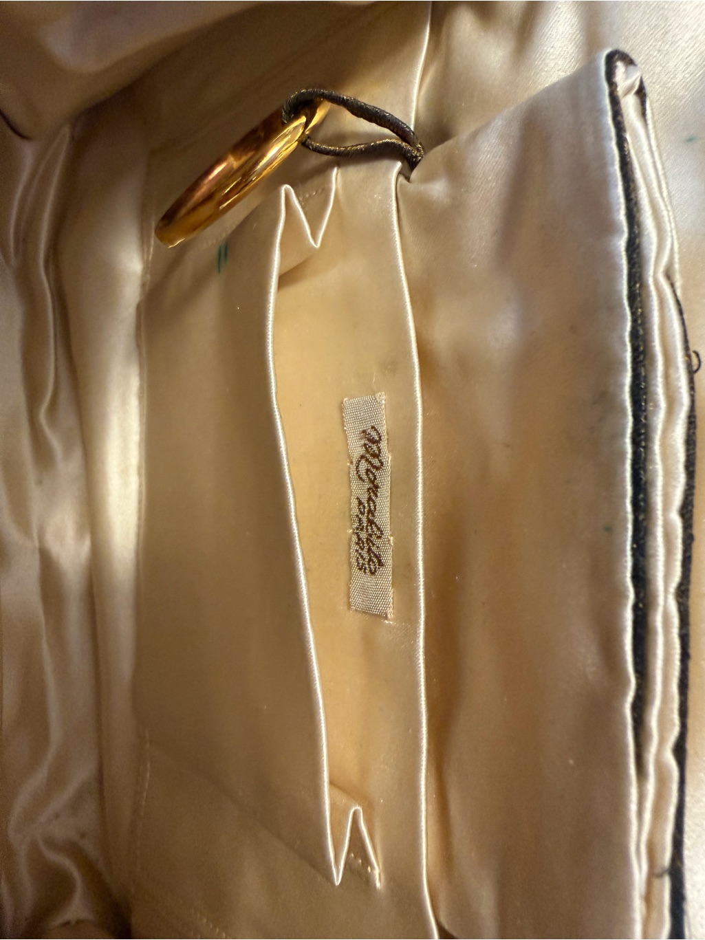 Vintage Cream Satin Mini Bag With Gold Ring Accent